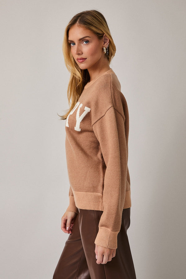 CREW NECK MERRY SWEATER - TAUPE/TAN