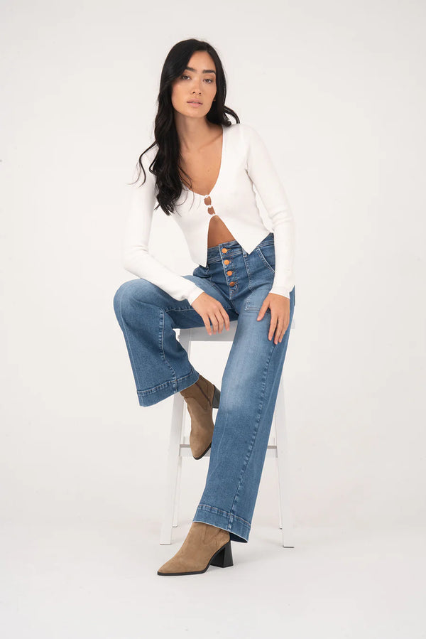 LEVEL 99 CAMILLE EXPOSED BUTTON WIDE LEG JEANS - BLUE SPARK