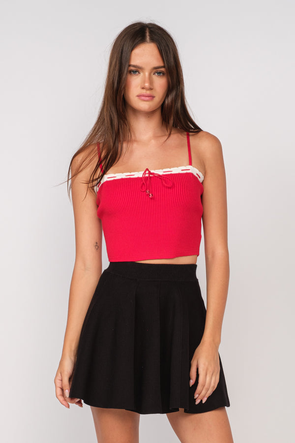 KNIT TIE FRONT TOP - RED COCO
