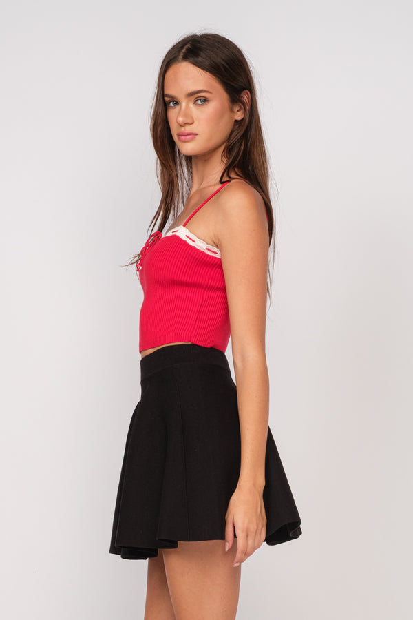 KNIT TIE FRONT TOP - RED COCO