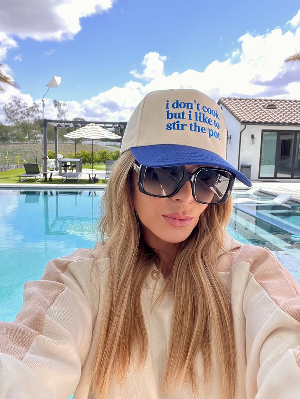 I DON'T COOK  BUT... TRUCKER HAT - CREAM/ROYAL BLUE