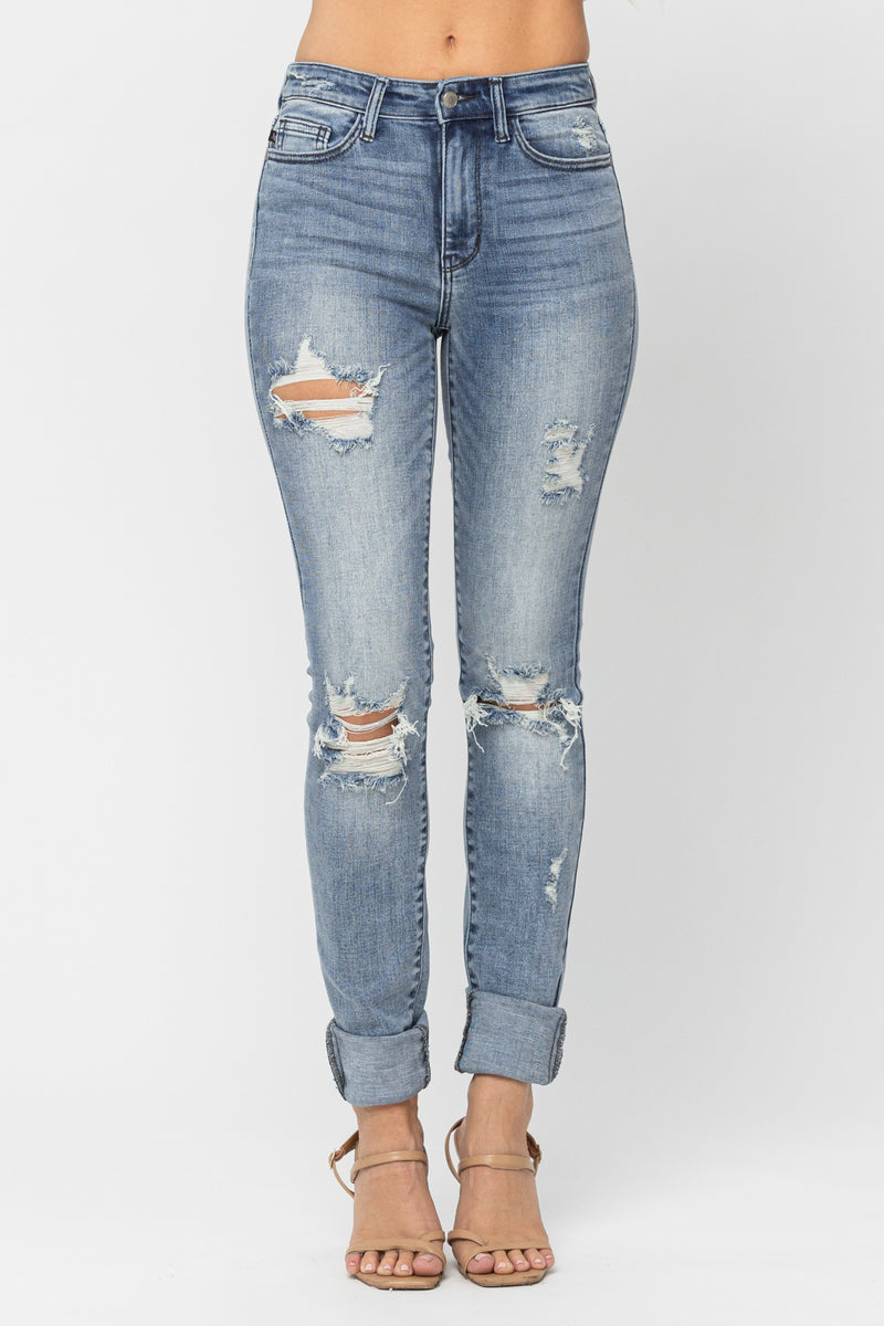 JUDY BLUE HIGH WAIST DISTRESSED SKINNY JEANS - MED BLUE