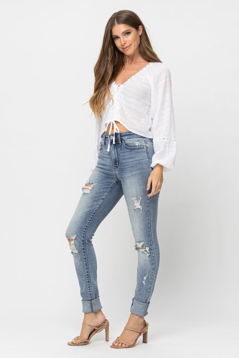 JUDY BLUE HIGH WAIST DISTRESSED SKINNY JEANS - MED BLUE