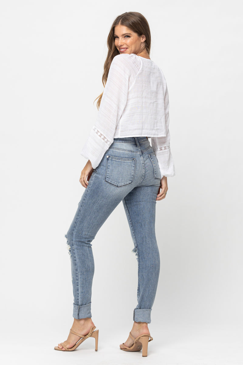 JUDY BLUE HIGH WAIST DISTRESSED SKINNY JEANS - MED BLUE