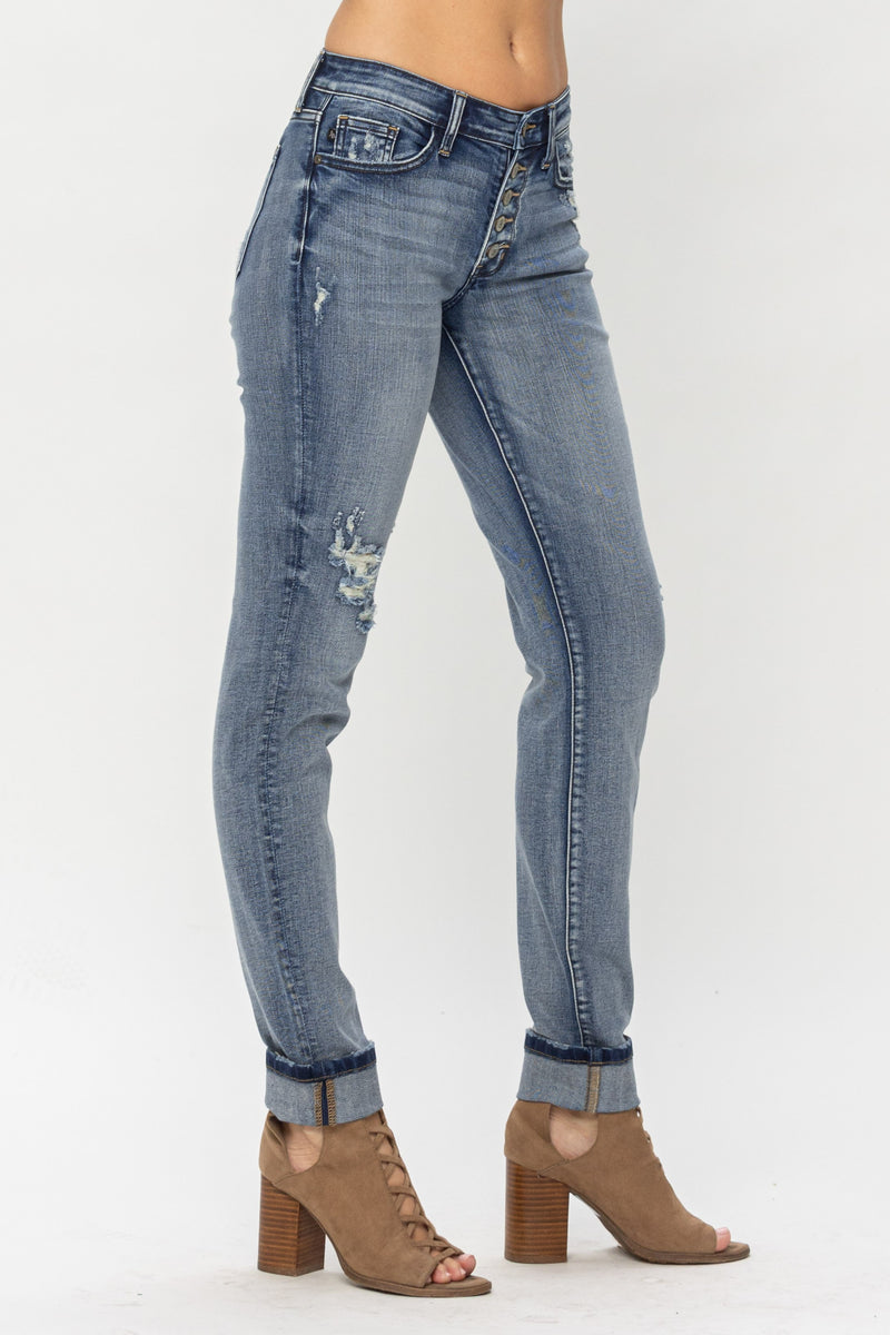 JUDY BLUE MID RISE BUTTON FLY JEANS - DARK BLUE
