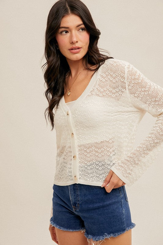 POINTELLE KNIT CARDIGAN - WHITE