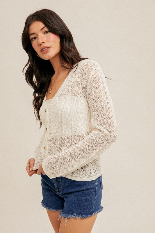 POINTELLE KNIT CARDIGAN - WHITE