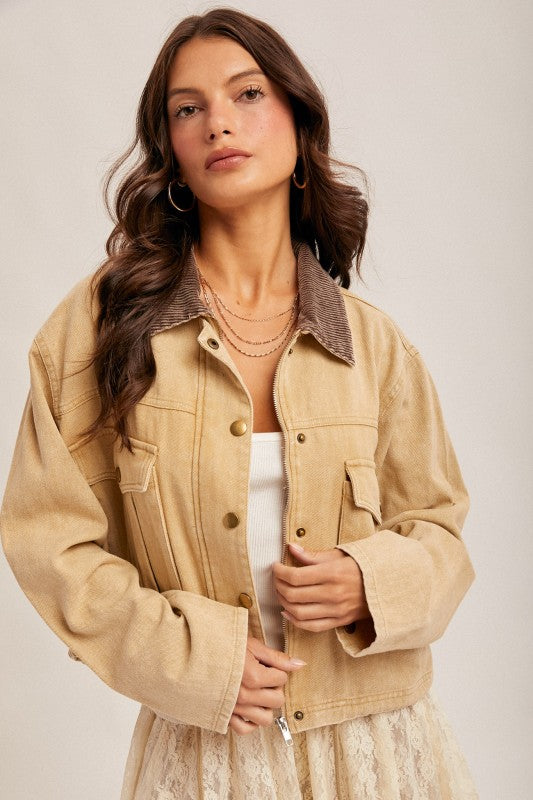 CORDUROY COLLAR CROP JACKET - SAND