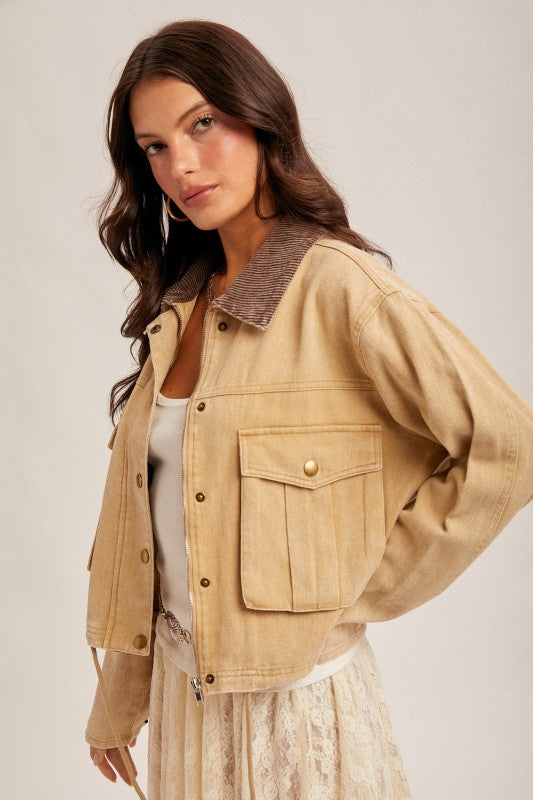 CORDUROY COLLAR CROP JACKET - SAND