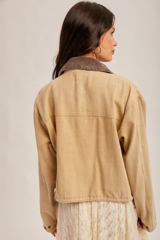 CORDUROY COLLAR CROP JACKET - SAND