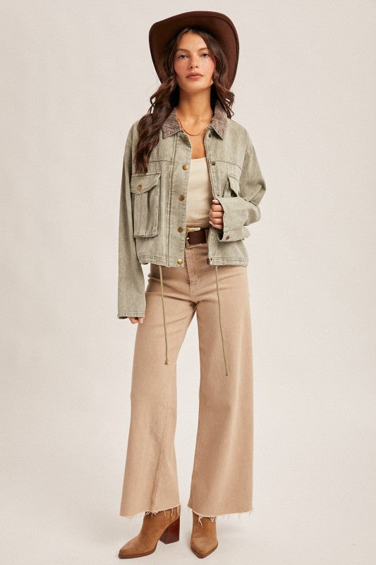 CORDUROY COLLAR CROP JACKET - OLIVE