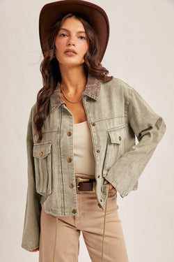 CORDUROY COLLAR CROP JACKET - OLIVE