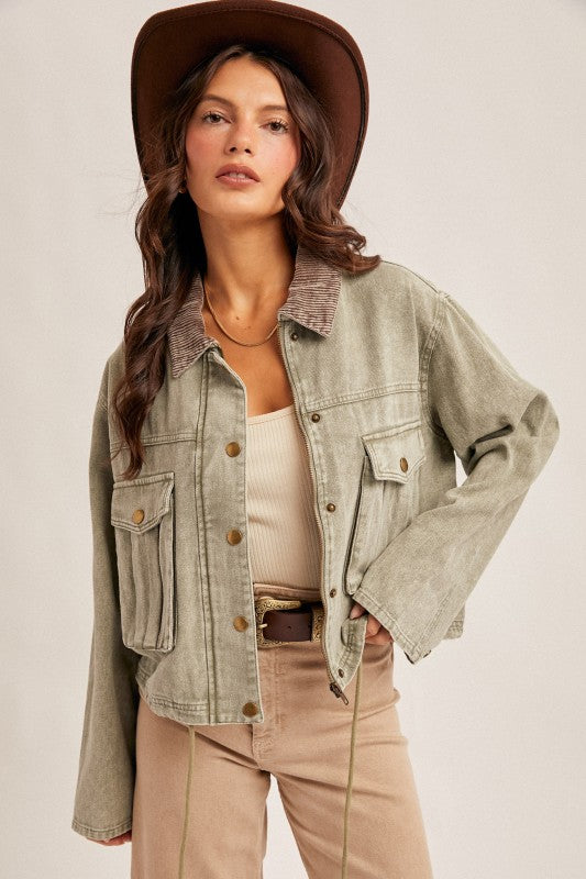 CORDUROY COLLAR CROP JACKET - OLIVE