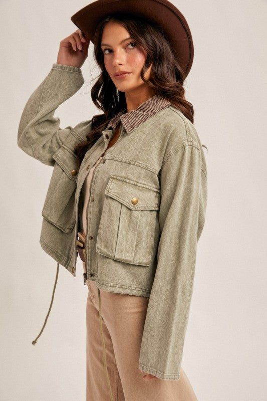 CORDUROY COLLAR CROP JACKET - OLIVE