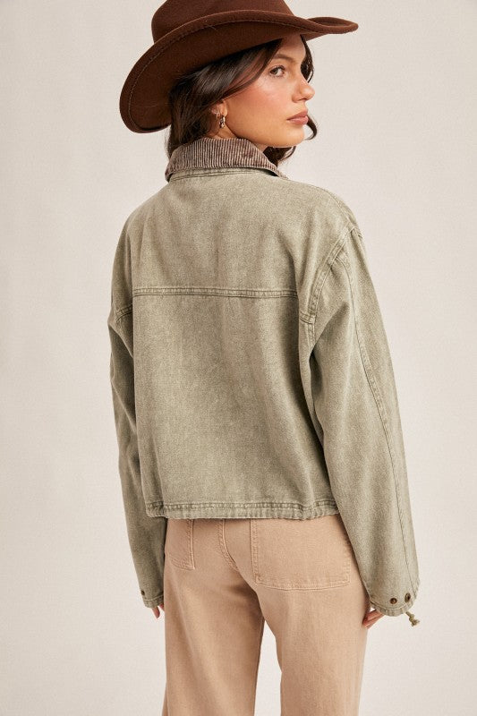 CORDUROY COLLAR CROP JACKET - OLIVE