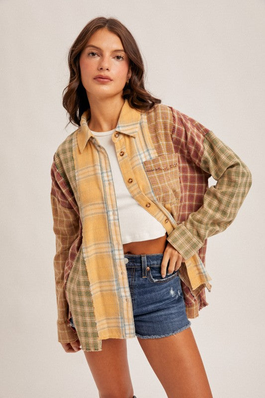 PATCHWORK PLAID OVERSIZED SHIRT - MUSTARD COMBO