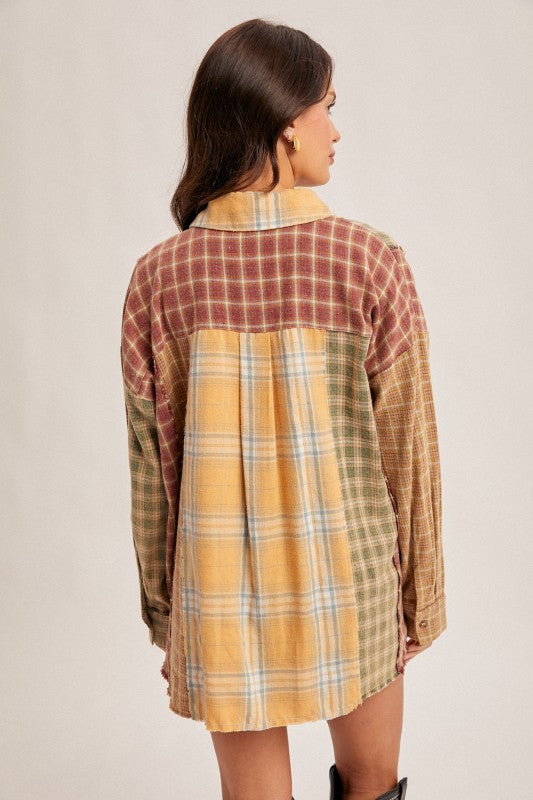 PATCHWORK PLAID OVERSIZED SHIRT - MUSTARD COMBO