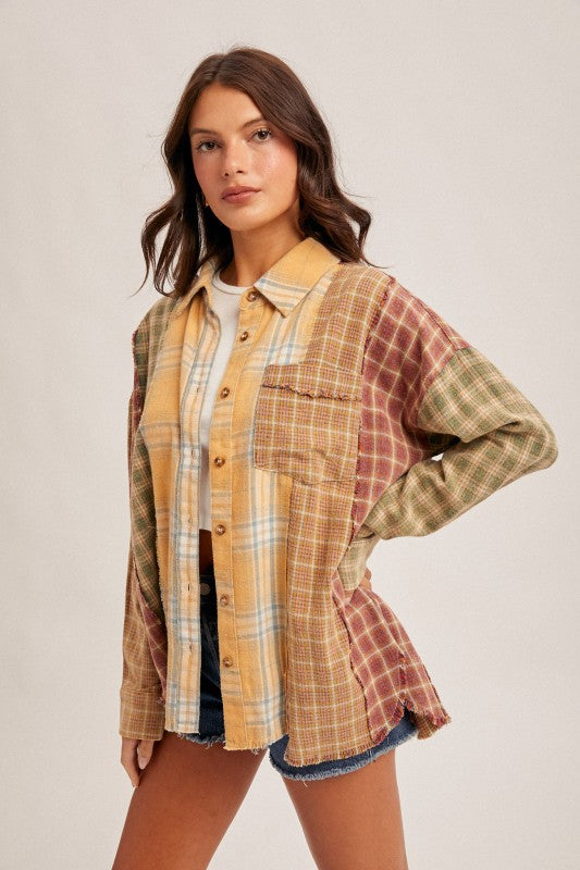 PATCHWORK PLAID OVERSIZED SHIRT - MUSTARD COMBO