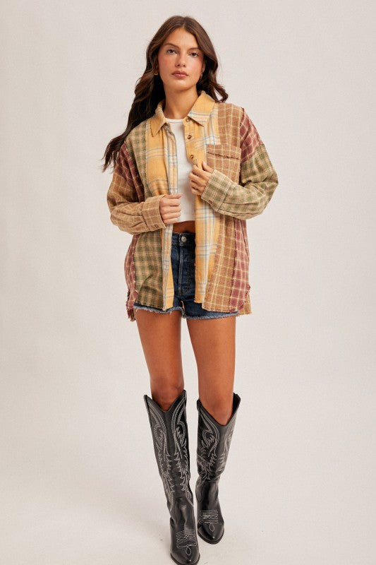 PATCHWORK PLAID OVERSIZED SHIRT - MUSTARD COMBO