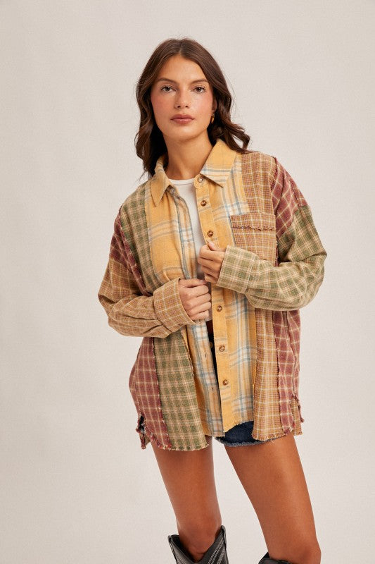 PATCHWORK PLAID OVERSIZED SHIRT - MUSTARD COMBO