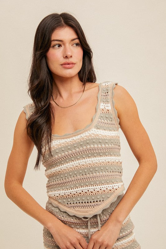 SCALLOP EDGE SLEEVELESS SWEATER TOP - GREY MULTI