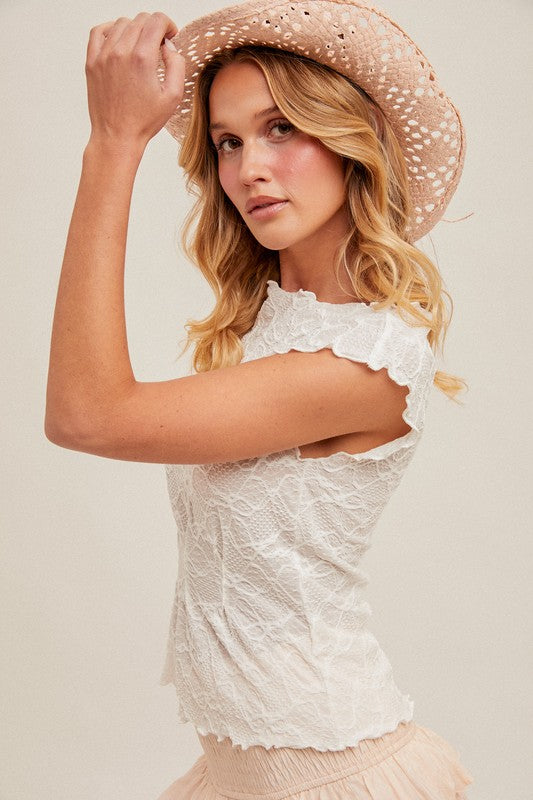 LETTUCE EDGE BOAT NECK TOP - WHITE