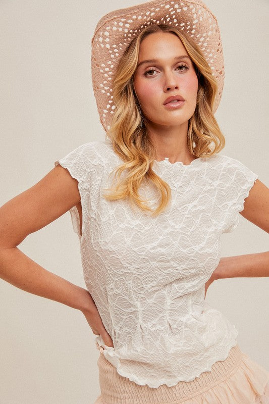 LETTUCE EDGE BOAT NECK TOP - WHITE