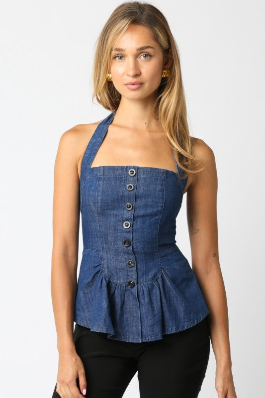 DANA DENIM HALTER TOP - DARK DENIM