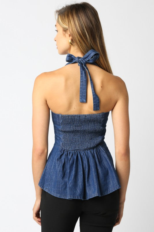 DANA DENIM HALTER TOP - DARK DENIM
