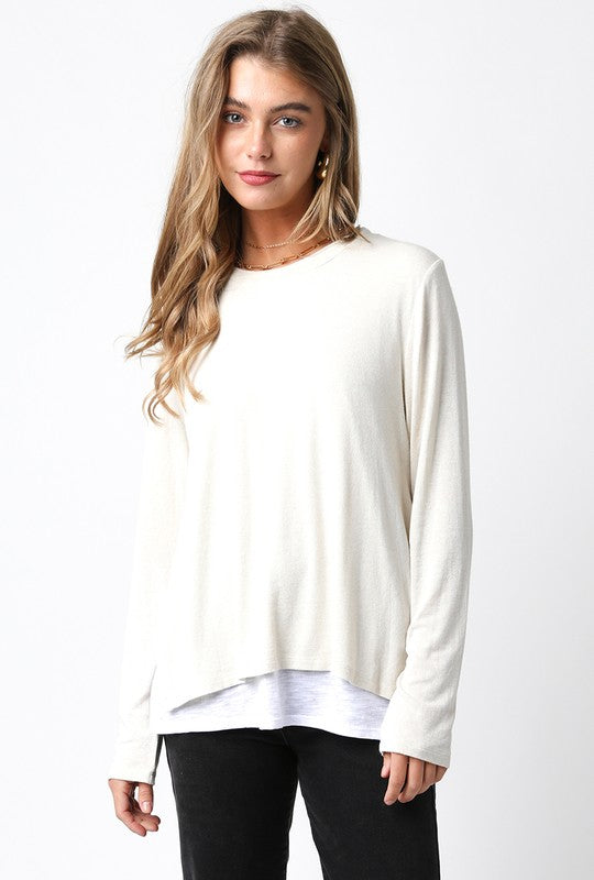 LINED CREW NECK SWEATER -  ECRU/WHITE