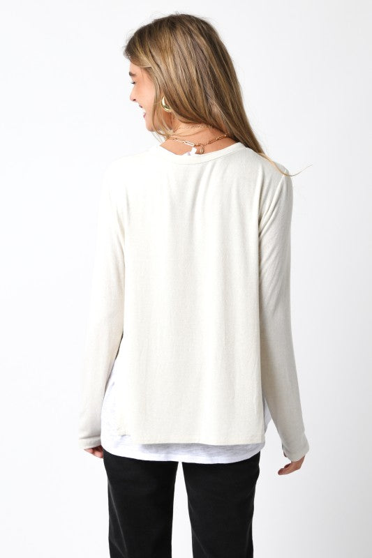 LINED CREW NECK SWEATER -  ECRU/WHITE