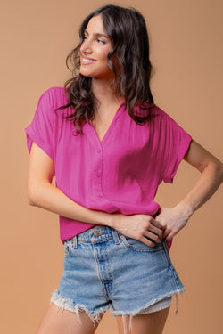 SHORT SLEEVE BUTTON FRONT BLOUSE - ROSE VIOLET