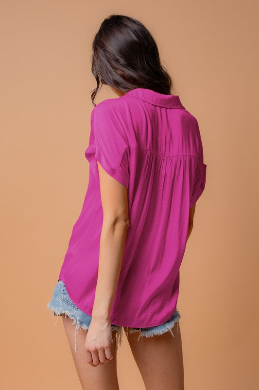 SHORT SLEEVE BUTTON FRONT BLOUSE - ROSE VIOLET