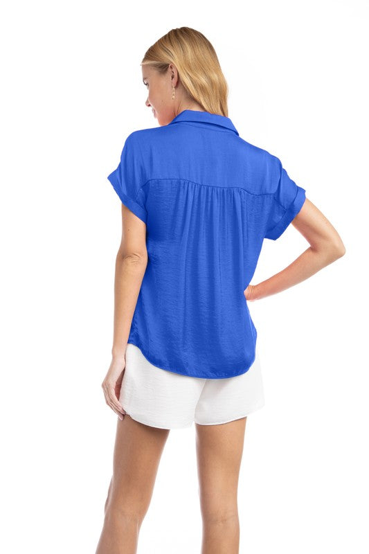 SHORT SLEEVE BUTTON FRONT BLOUSE - CAPRI BLUE