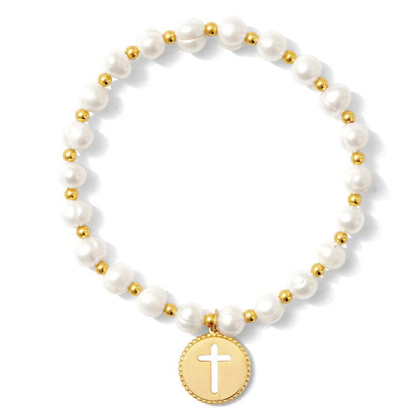 PEARL WITH CROSS BRACELET - PEARL/GOLD