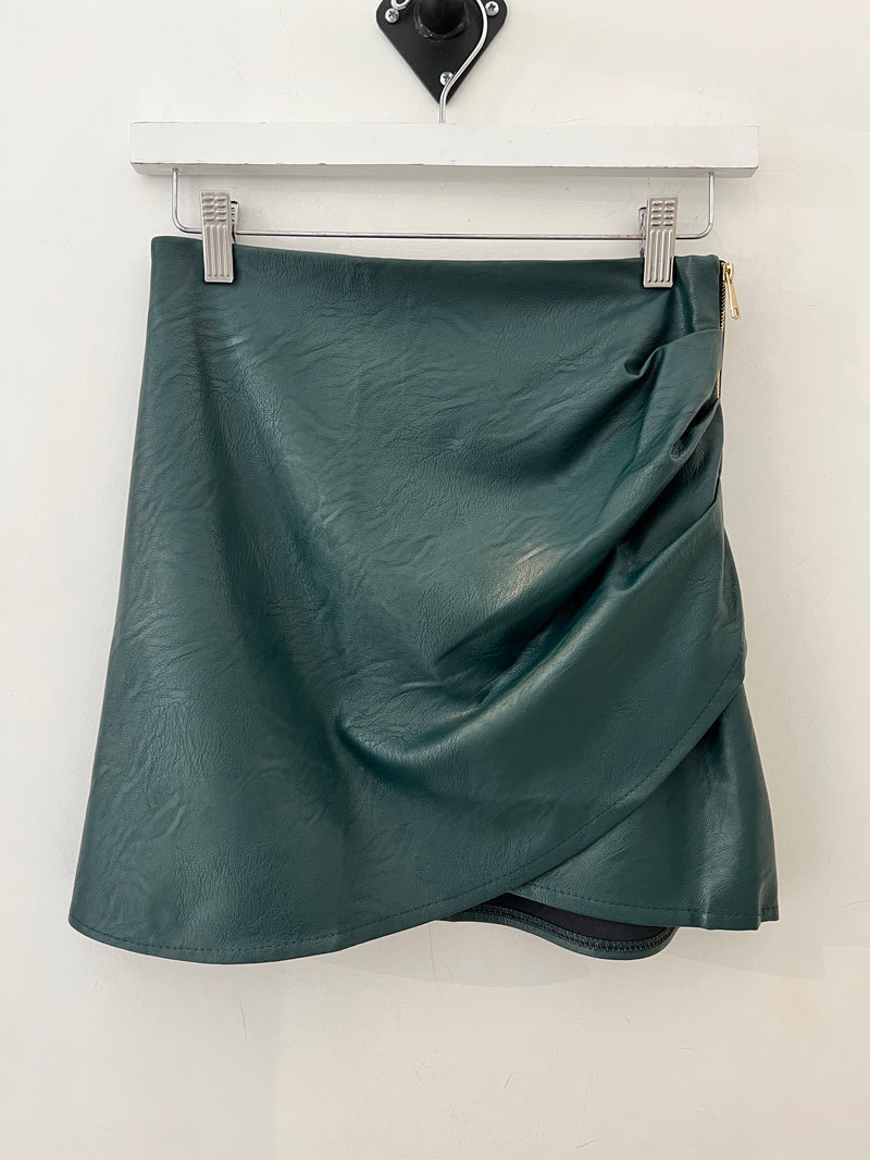 FAUX LEATHER WRAP MINI SKIRT - TEAL/GREEN