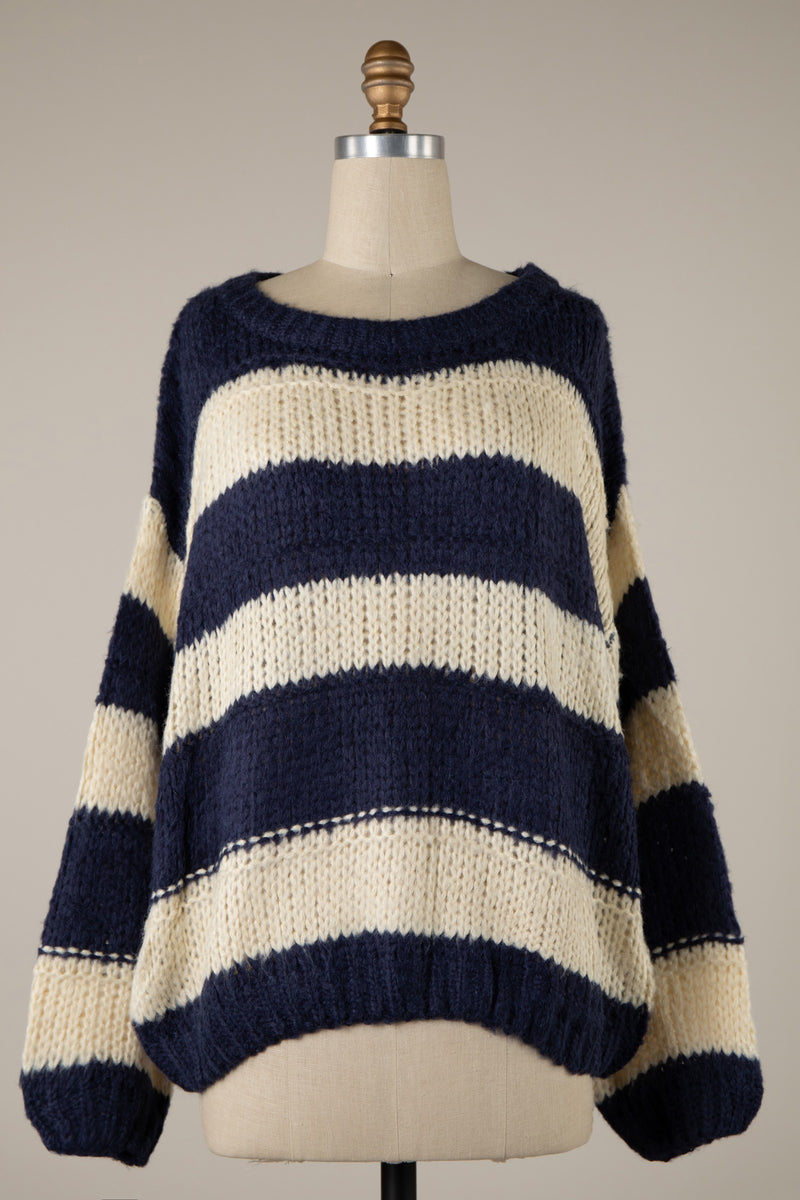 STRIPED OVERSIZED CABLE KNIT SWEATER- NAVY/CREAM