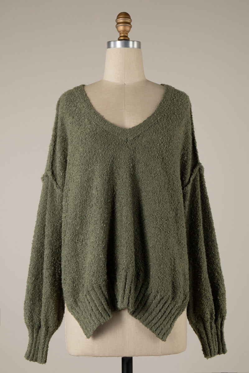 REVERSE SEAM BOUCLE KNIT SWEATER - SAGE