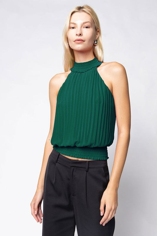 PLEATED SMOCKED NECK TOP - DEEP FOREST