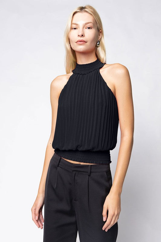 PLEATED SMOCKED NECK TOP - BLACK