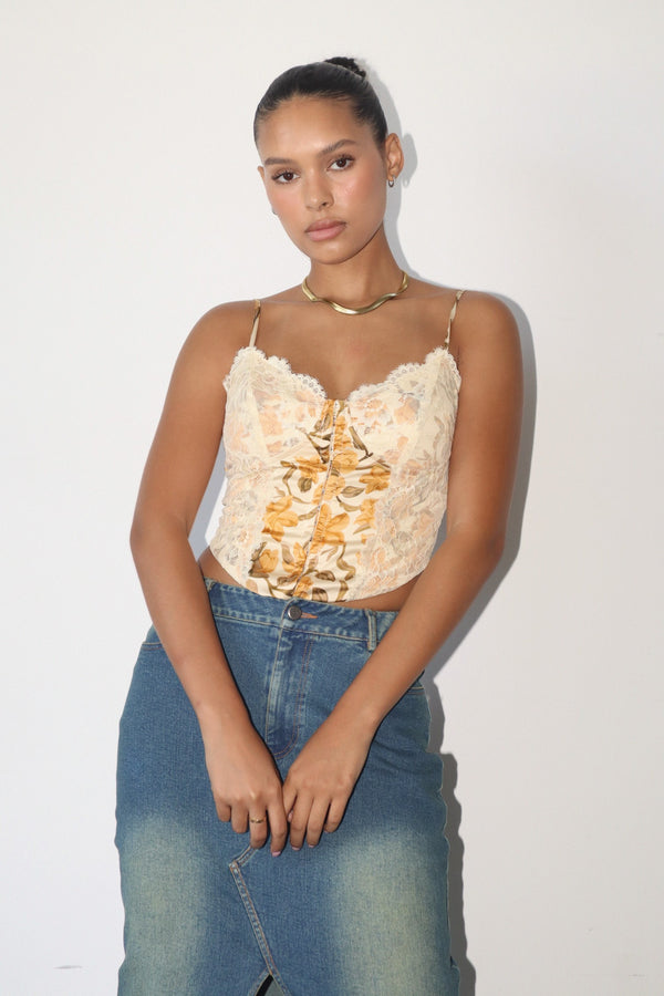 LACE OVERLAY FLORAL CORSET TOP - BEIGE