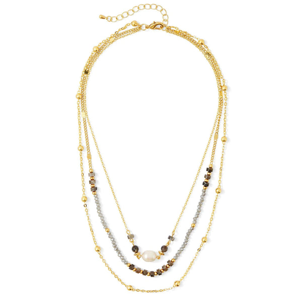 TRIPLE LAYER STONE & PEARL NECKLACE - GOLD