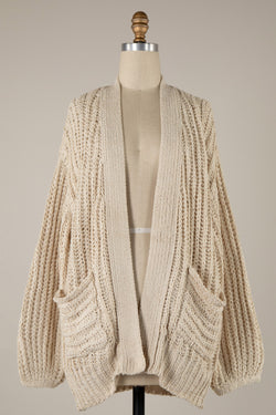 CHUNKY RIBBED KNIT CARDIGAN - BEIGE