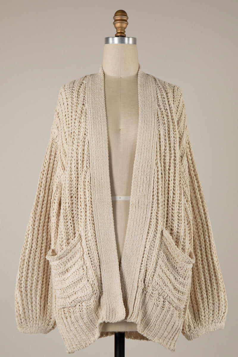 CHUNKY RIBBED KNIT CARDIGAN - BEIGE