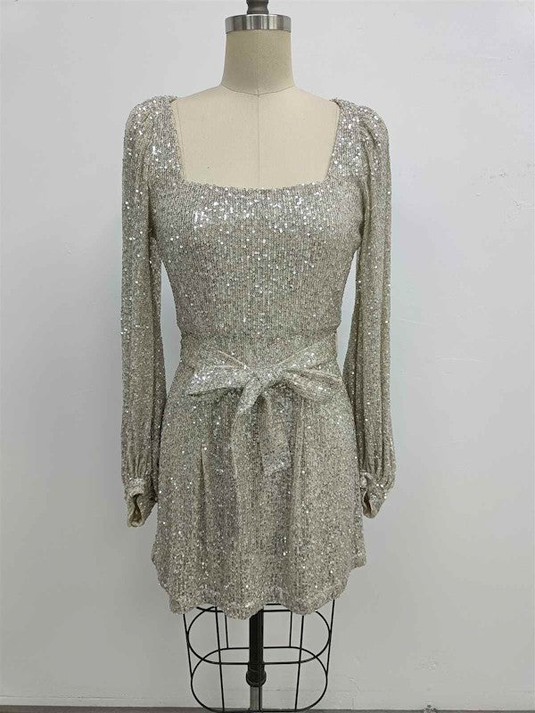 SQUARE NECK SEQUIN DRESS - SILVER