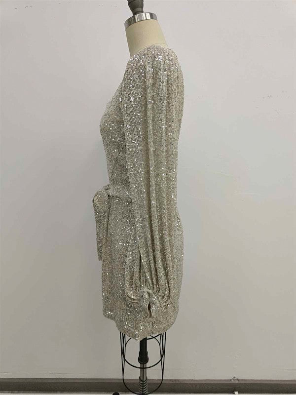 SQUARE NECK SEQUIN DRESS - SILVER