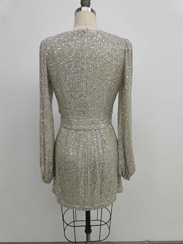 SQUARE NECK SEQUIN DRESS - SILVER