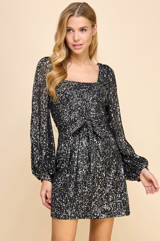 SQUARE NECK SEQUIN DRESS - BLACK