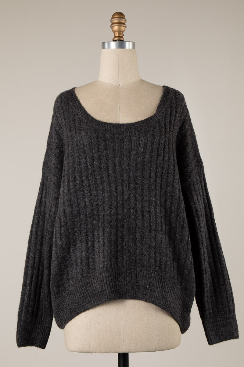 SOFT RIBBED KNIT SWEATER - CHARCOAL