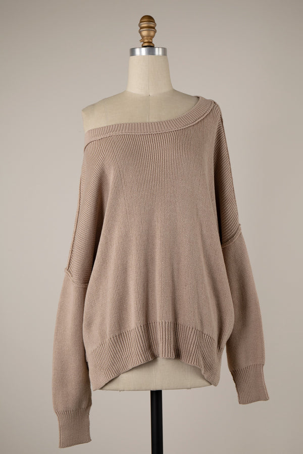 WIDE NECK REVERSE SEAM OVERSIZED SWEATER - TAUPE